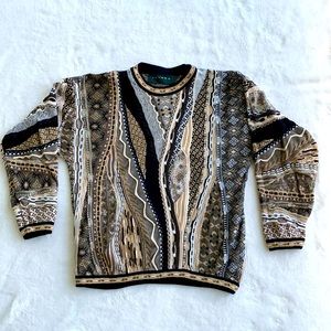 Retro Men's sweater - Black, tan, cream. Size L, Made in Canada.